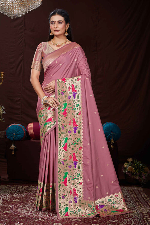Rose Pink Festive Wear Woven Banarasi Silk Paithani Saree