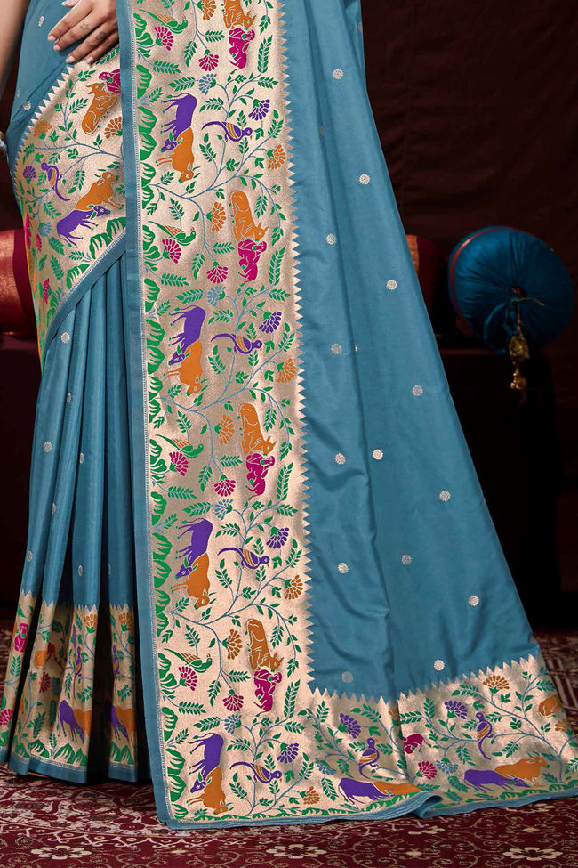 Light Blue Festive Wear Woven Banarasi Silk Paithani Saree