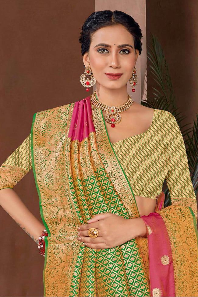 Rani Pink Woven Zari Traditional Wear Silk Saree
