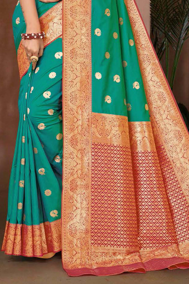 Teal Green Woven Zari Traditional Wear Silk Saree