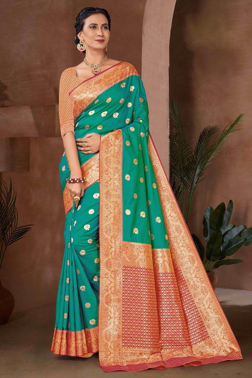 Teal Green Woven Zari Traditional Wear Silk Saree