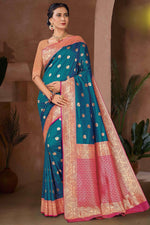 Dark Blue Woven Zari Traditional Wear Silk Saree