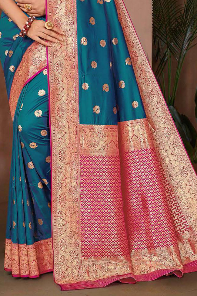 Dark Blue Woven Zari Traditional Wear Silk Saree