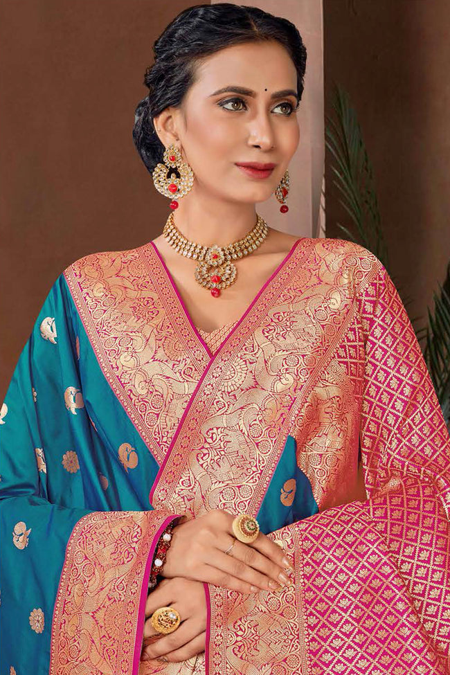 Dark Blue Woven Zari Traditional Wear Silk Saree