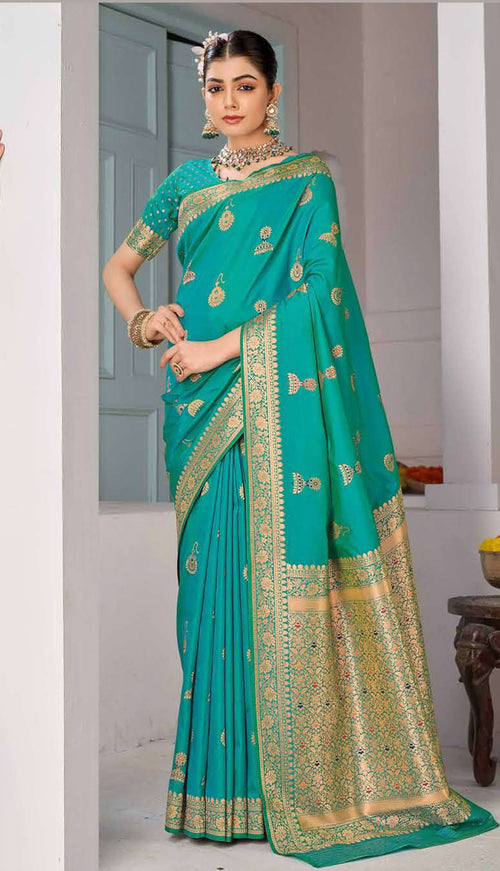 Turquoise Green Banarasi Silk Festival Traditional Saree With Blouse Piece