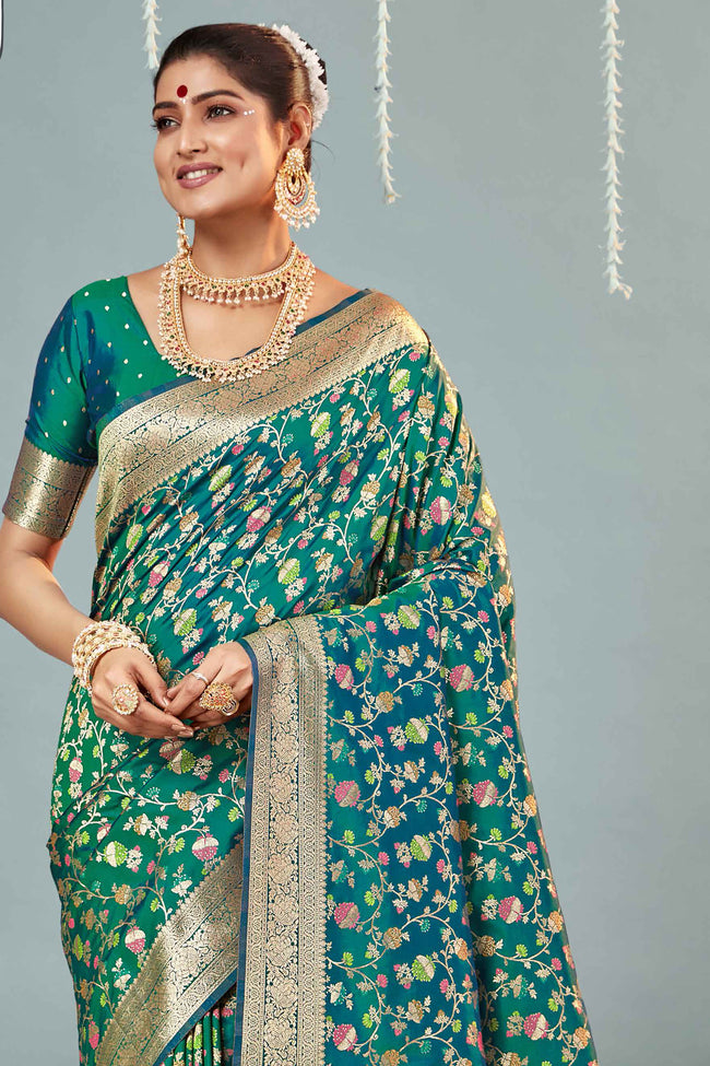 Teal & Gold Woven Design Zari Banarasi Silk Saree