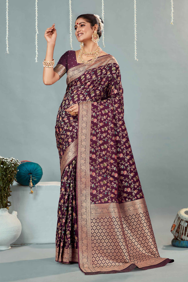 Maroon  & Gold Woven Design Zari Banarasi Silk Saree