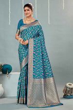 Turquoise Blue & Gold Woven Design Zari Banarasi Silk Saree