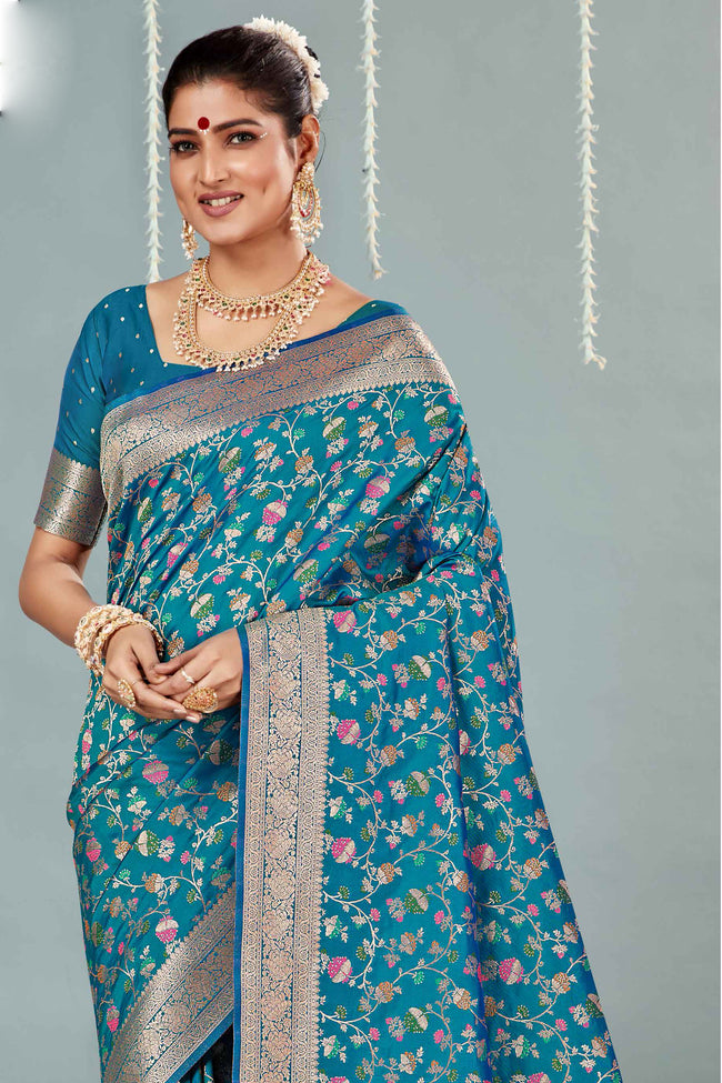Turquoise Blue & Gold Woven Design Zari Banarasi Silk Saree