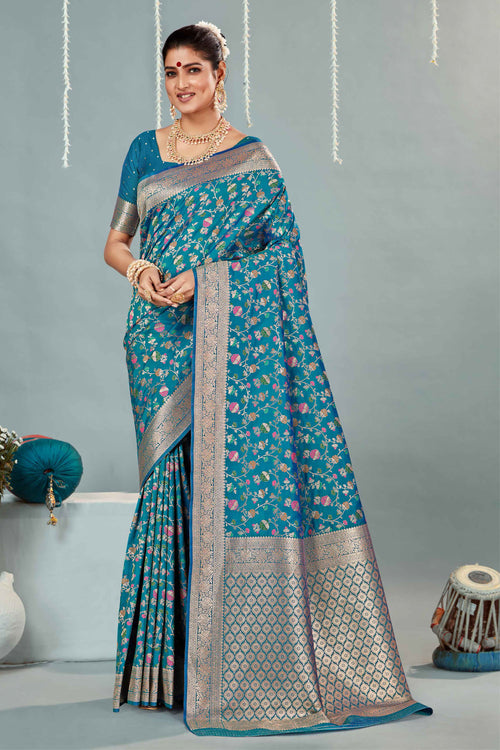 Turquoise Blue & Gold Woven Design Zari Banarasi Silk Saree