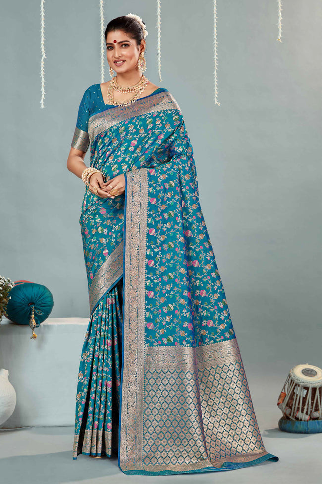 Turquoise Blue & Gold Woven Design Zari Banarasi Silk Saree