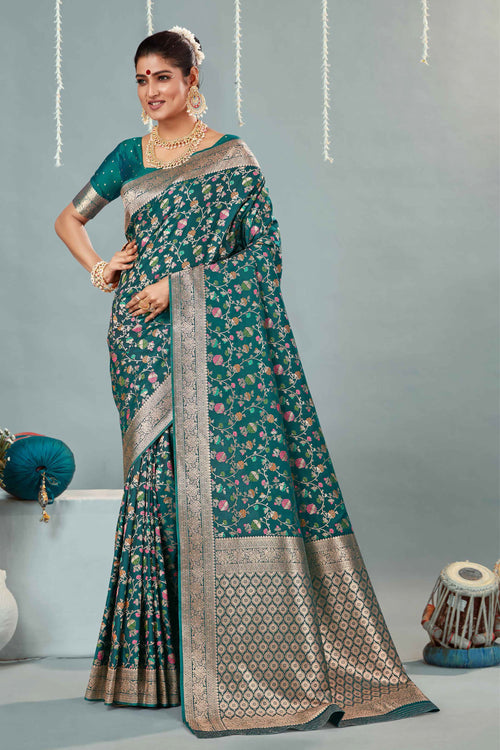 Dark Teal & Gold Woven Design Zari Banarasi Silk Saree