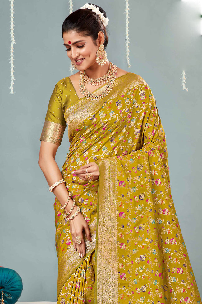 Mustard Yellow & Gold Woven Design Zari Banarasi Silk Saree