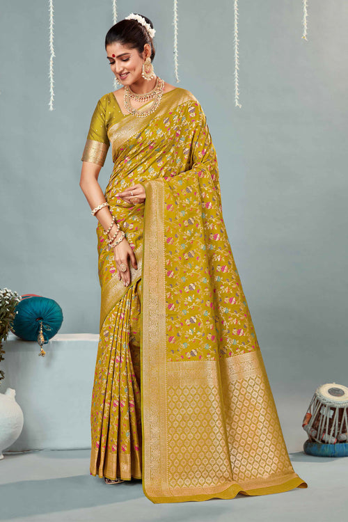 Mustard Yellow & Gold Woven Design Zari Banarasi Silk Saree