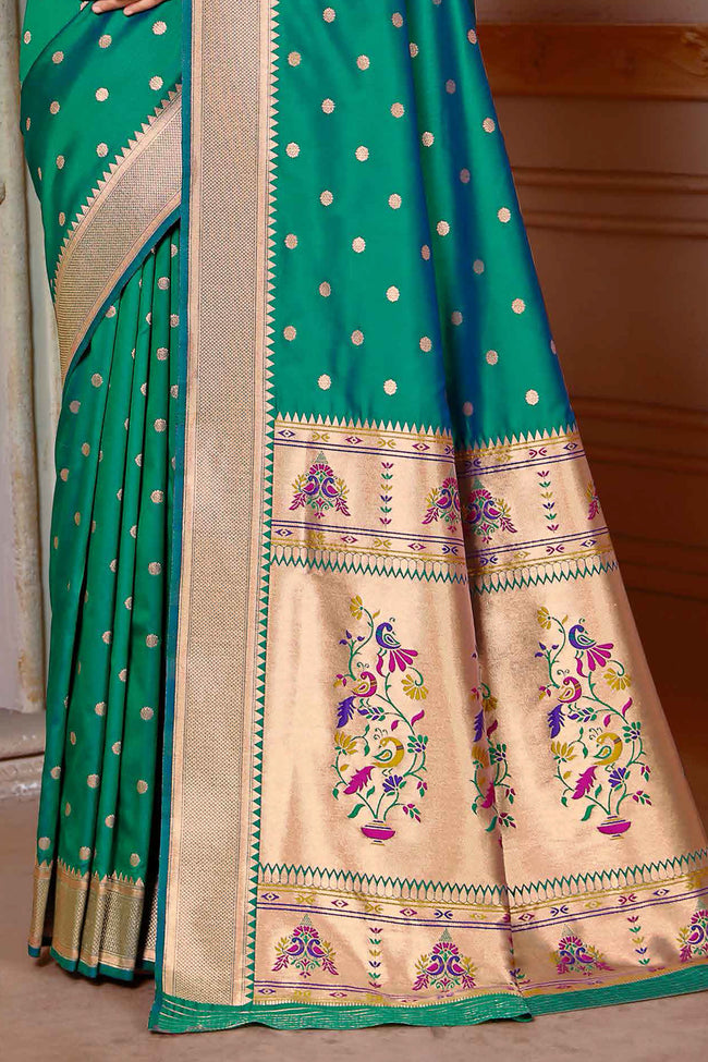 Teal Green Zari Woven Paithani Silk Saree