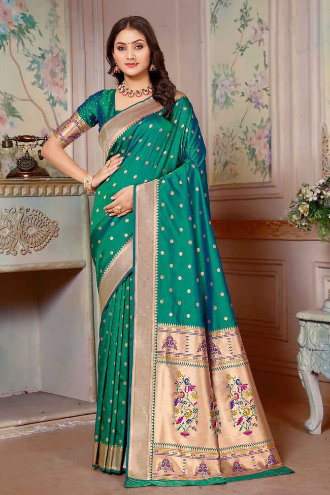 Teal Green Zari Woven Paithani Silk Saree