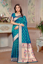 Feroza Blue Woven Zari Paithani Silk Saree