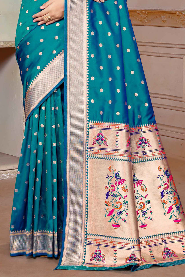 Feroza Blue Woven Zari Paithani Silk Saree