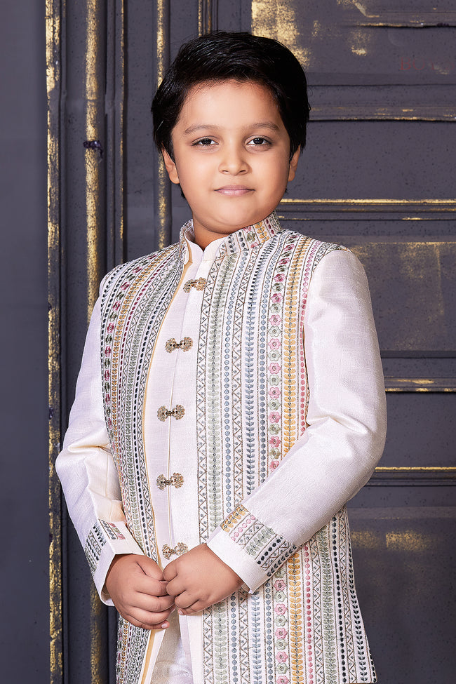 Off-White Jacket-Style Embroidered Indowestern for Boys