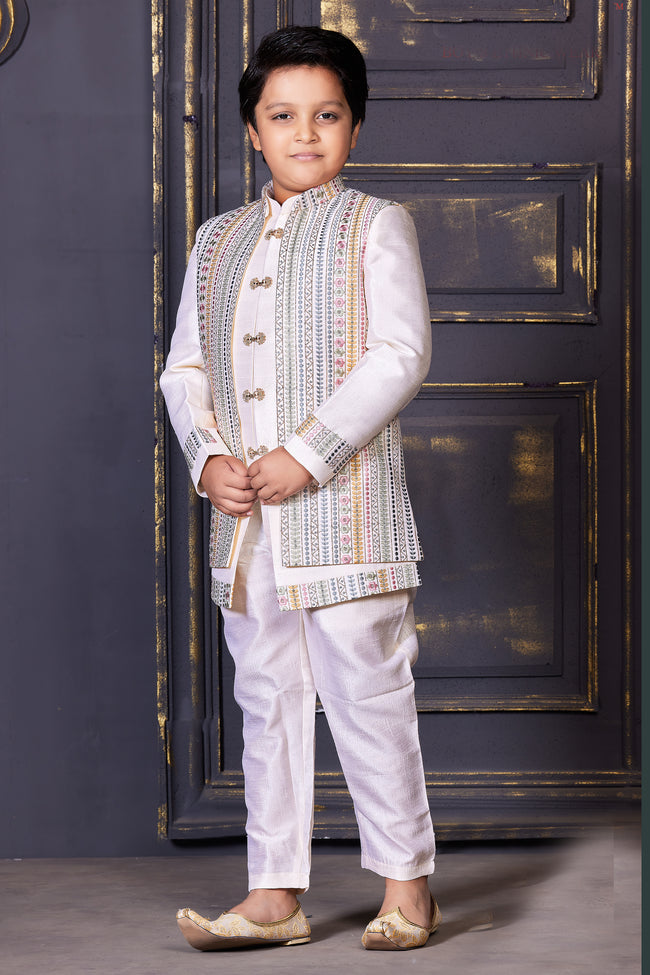 Off-White Jacket-Style Embroidered Indowestern for Boys