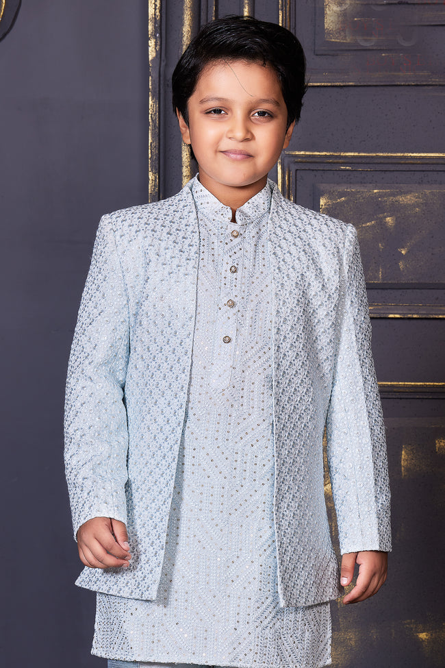 Grey Sequin Work Embroidered with Jacket Indowestern for Boys