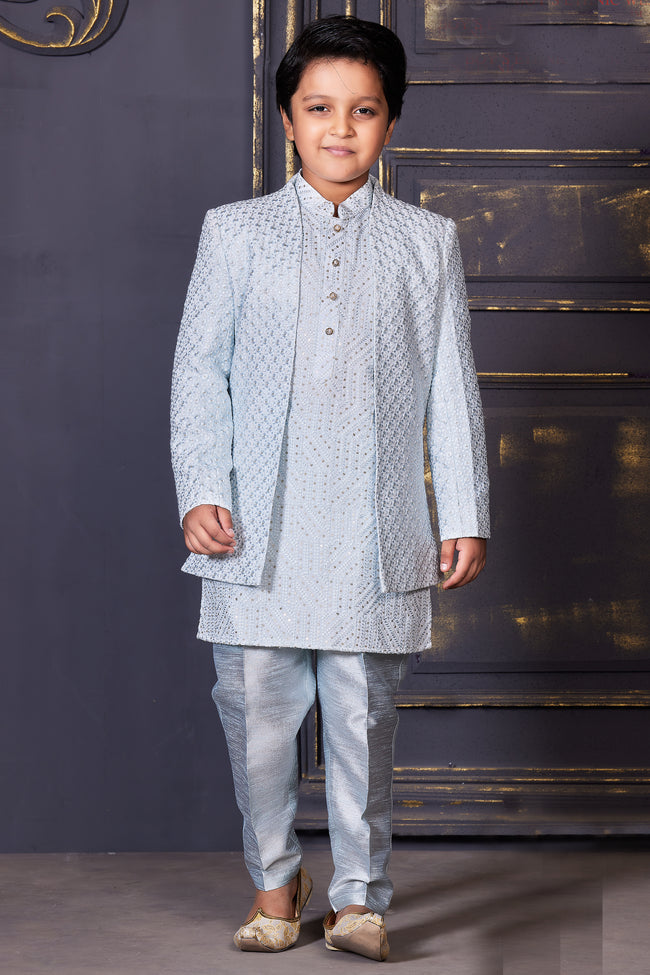 Grey Sequin Work Embroidered with Jacket Indowestern for Boys