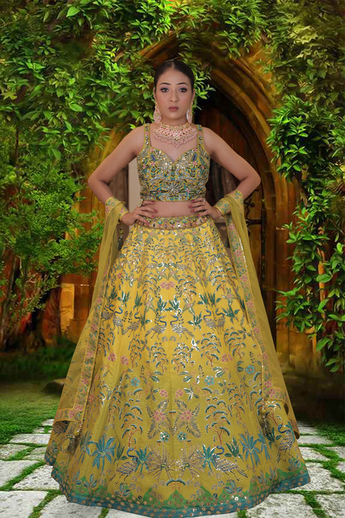 Lime Yellow Sequin Embroidered Silk Bridal Lehenga