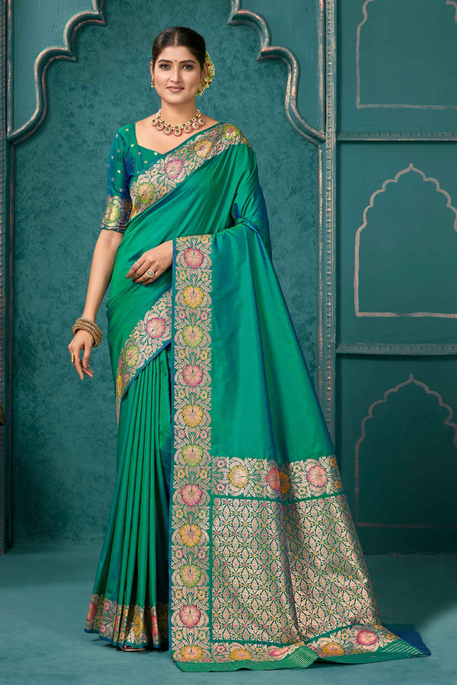 Green Woven Design Border Zari Silk Banarasi Saree