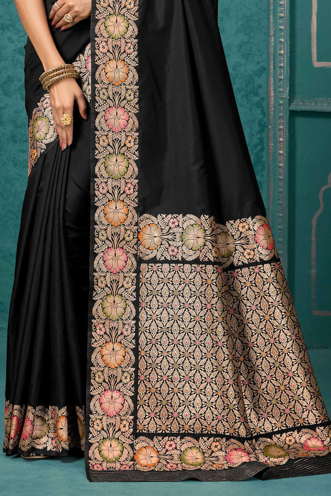 Black Woven Design Border Zari Silk Banarasi Saree