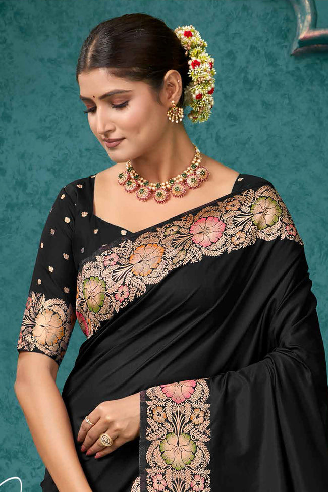 Black Woven Design Border Zari Silk Banarasi Saree