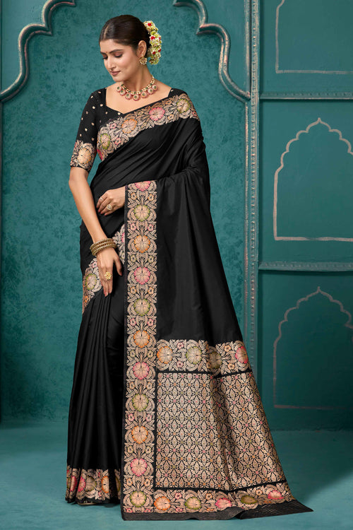 Black Woven Design Border Zari Silk Banarasi Saree
