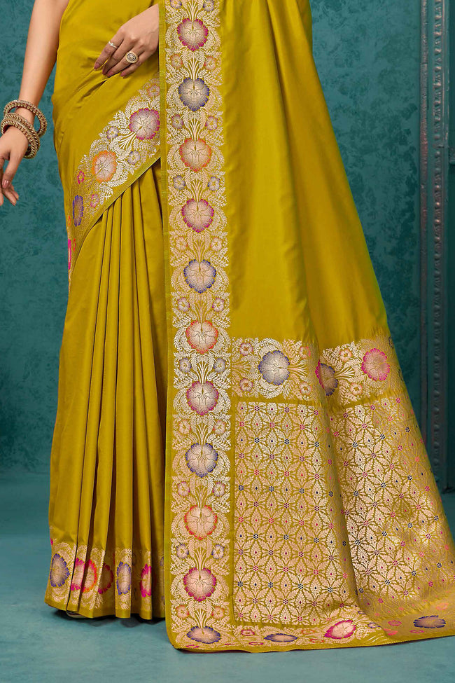 Yellow Woven Design Border Zari Silk Banarasi Saree