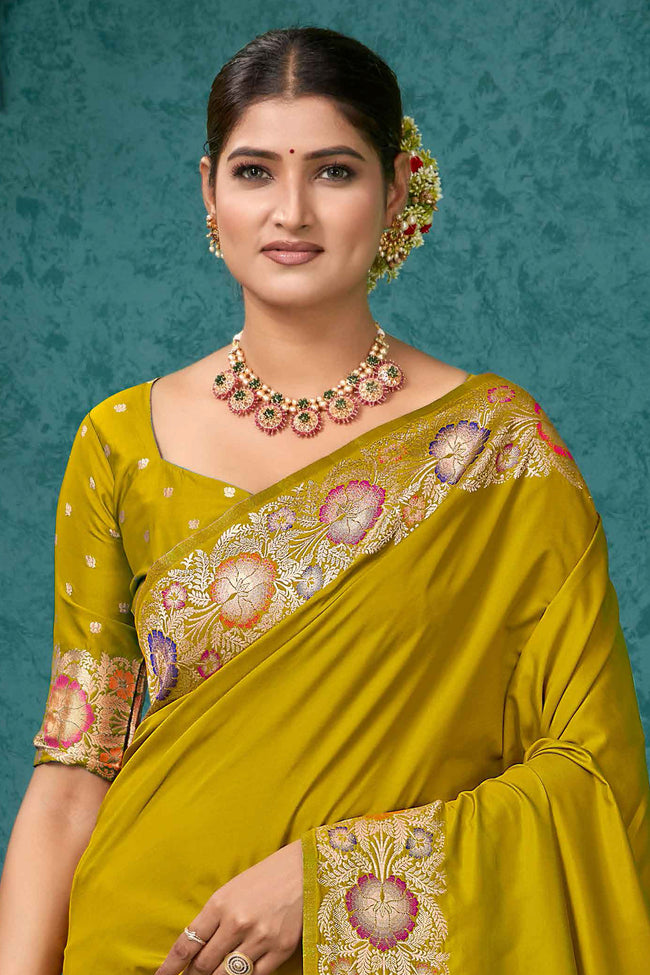 Yellow Woven Design Border Zari Silk Banarasi Saree