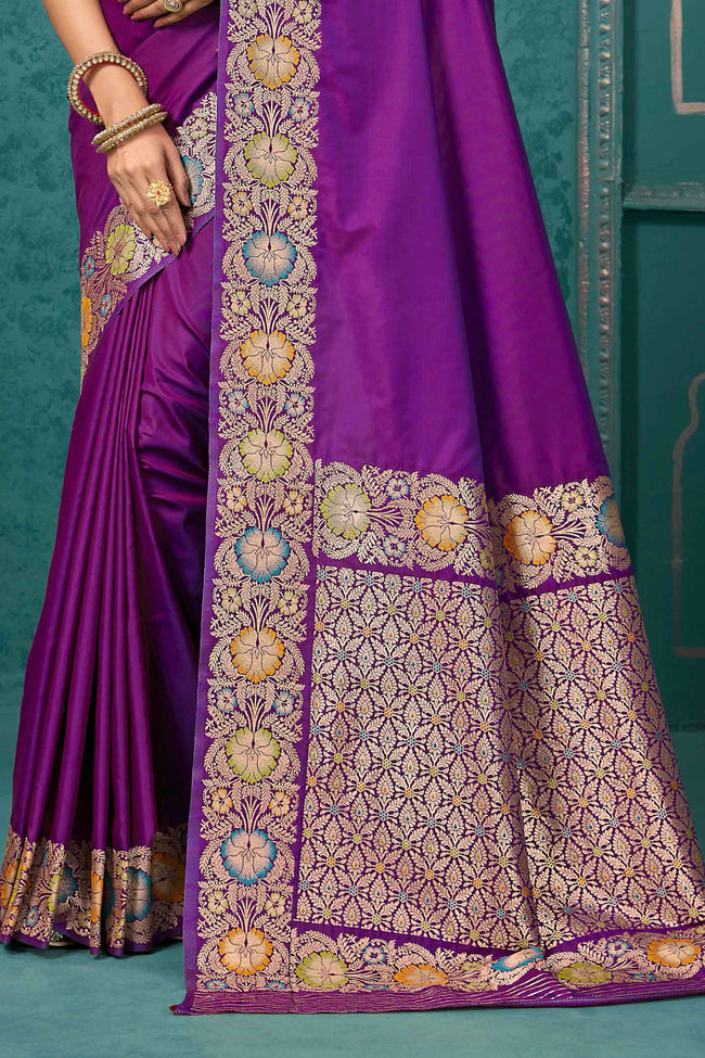 Purple Woven Design Border Zari Silk Banarasi Saree