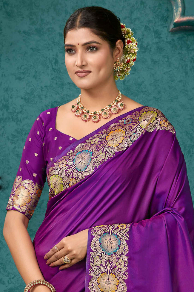 Purple Woven Design Border Zari Silk Banarasi Saree
