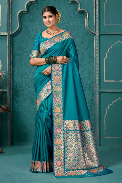 Blue Woven Design Border Zari Silk Banarasi Saree