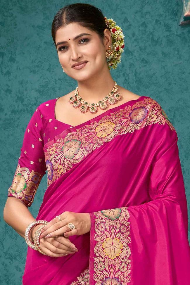 Pink Woven Design Border Zari Silk Banarasi Saree