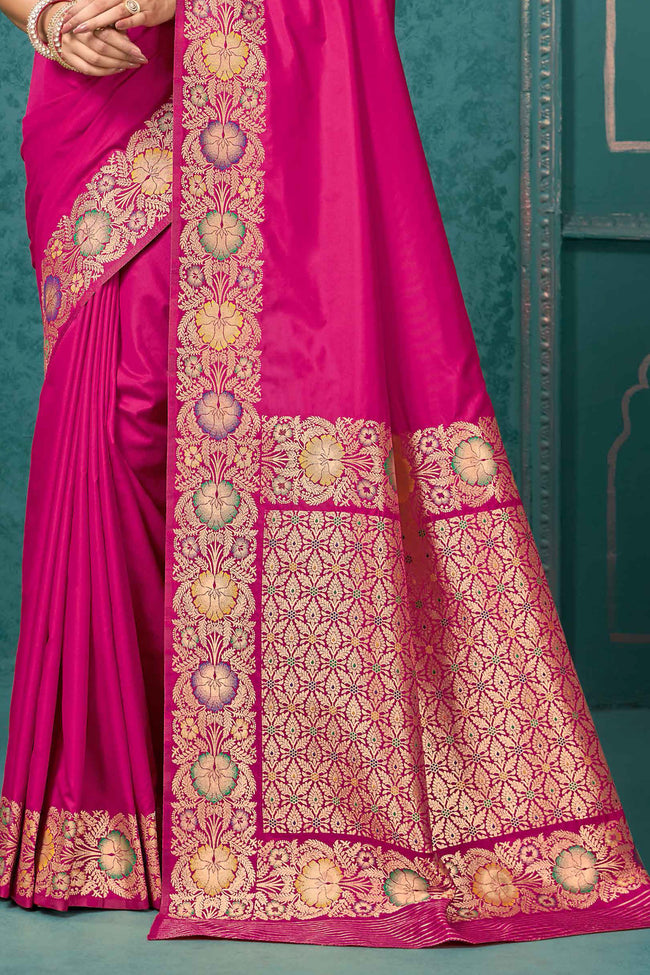 Pink Woven Design Border Zari Silk Banarasi Saree