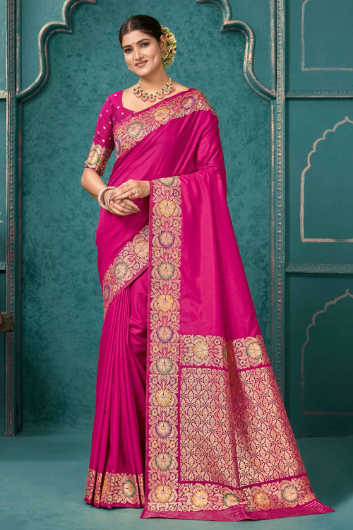 Pink Woven Design Border Zari Silk Banarasi Saree