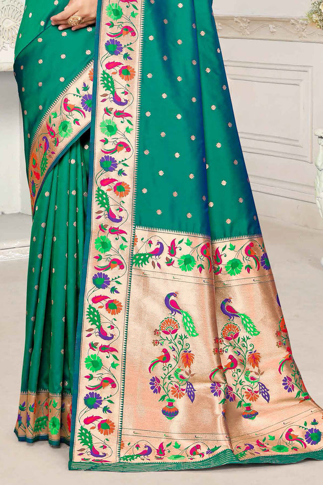 Teal Green Silk Woven Zari Paithani Saree