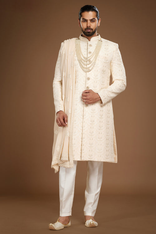 Off White Sherwani In Silk With Embroidered Dupatta For Men