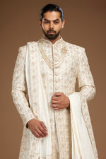 Golden Cream Stylish Embroidered Silk Sherwani For Men