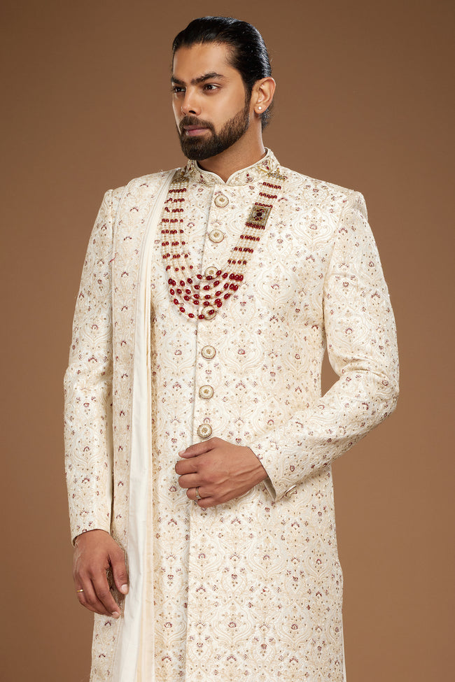 Off White Embroidered Sherwani Set With Dupatta For Men