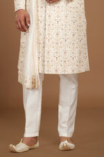 Off White Embroidered Sherwani Set With Dupatta For Men