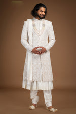 Off White Embroidered Anarkali Style Silk Sherwani For Men