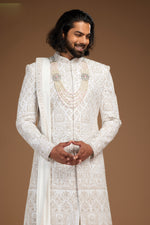 Off White Embroidered Anarkali Style Silk Sherwani For Men