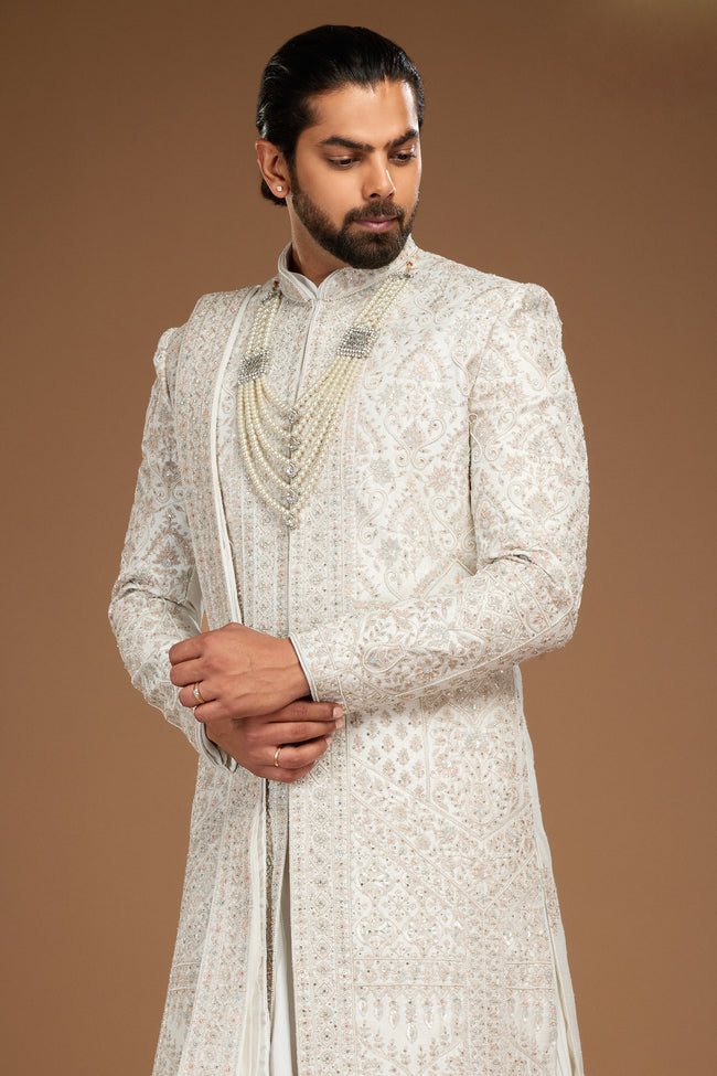 White Embroidered Sherwani With Dupatta Wedding For Men
