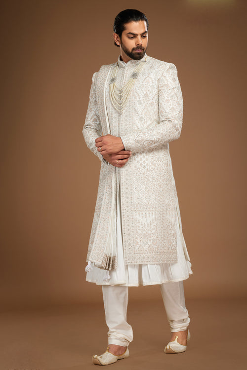 White Embroidered Sherwani With Dupatta Wedding For Men
