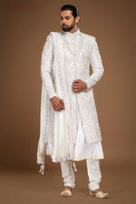 Off White Sherwani Set In Silk With Dupatta For Men