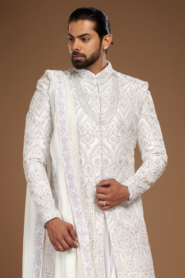 Off White Sherwani Set In Silk With Dupatta For Men